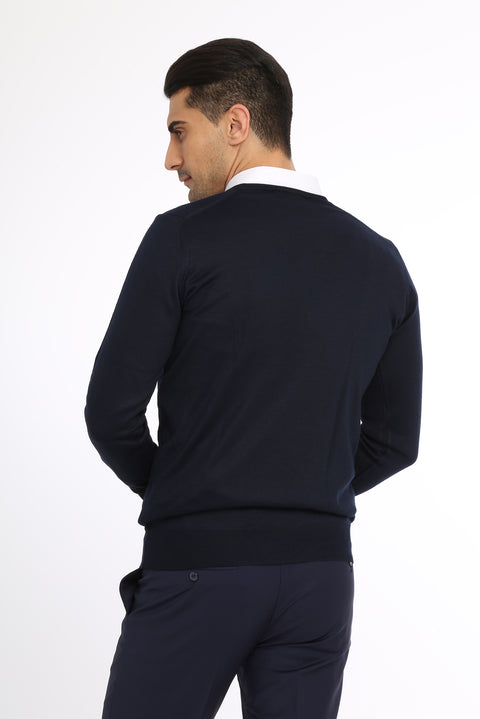 Navy Blue V-Neck Regular Fit Wool Knit Sweater