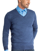 Blue V-Neck Regular Fit Wool Knit Sweater