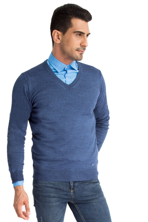Blue V-Neck Regular Fit Wool Knit Sweater