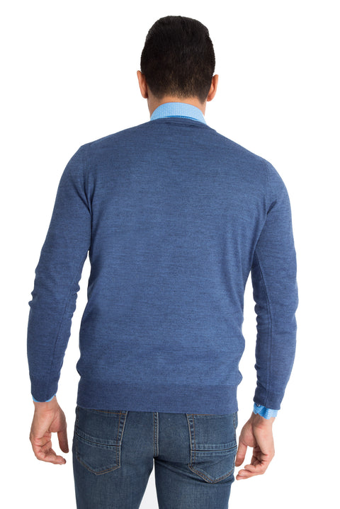 Blue V-Neck Regular Fit Wool Knit Sweater