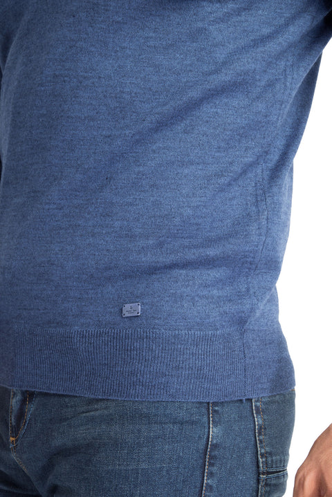 Blue V-Neck Regular Fit Wool Knit Sweater