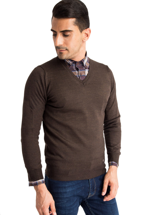 Coffee Brown V-Neck Wool Knit Sweater