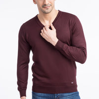 Bordo V Yaka Regular Fit Yünlü Triko Kazak