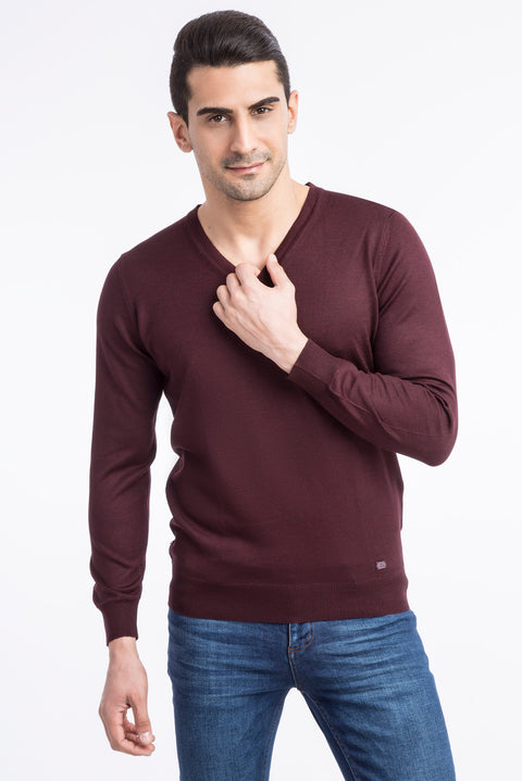 Bordo V Yaka Regular Fit Yünlü Triko Kazak