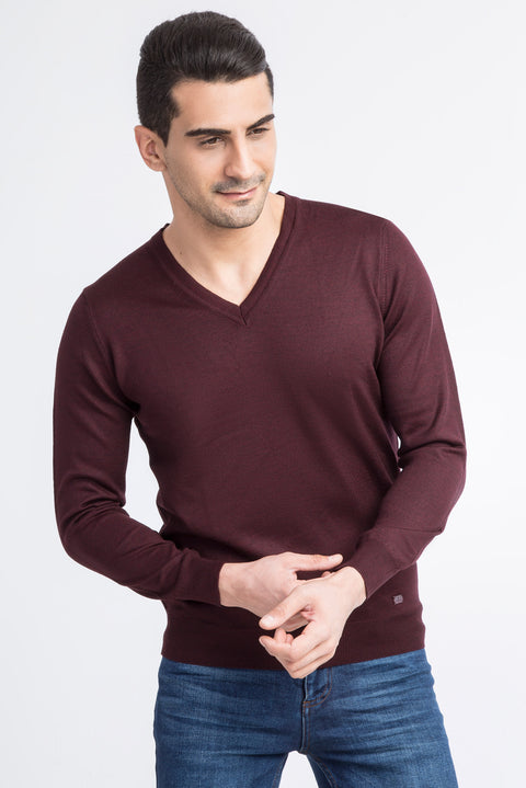 Bordo V Yaka Regular Fit Yünlü Triko Kazak