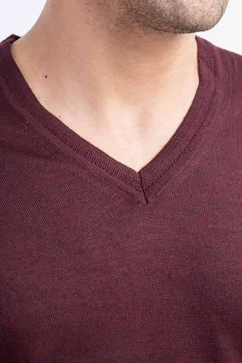 Bordo V Yaka Regular Fit Yünlü Triko Kazak