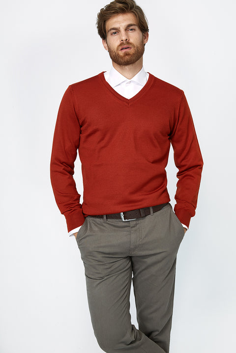 Orange V-Neck Wool Knit Sweater