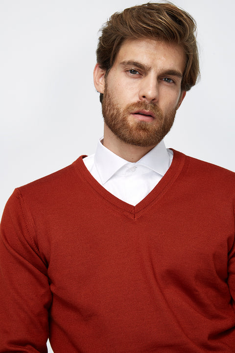 Orange V-Neck Wool Knit Sweater