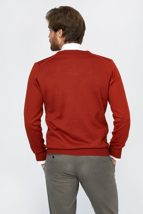 Orange V-Neck Wool Knit Sweater