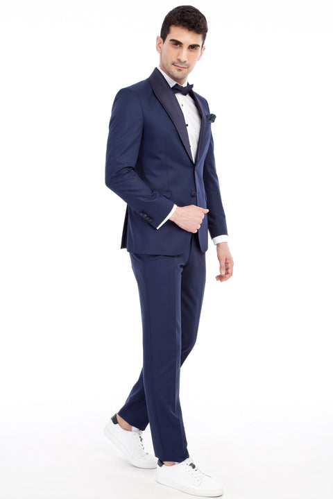 Navy Blue 7 Drop Slim Fit Narrow Cut Shawl Collar Tuxedo & Groom Suit