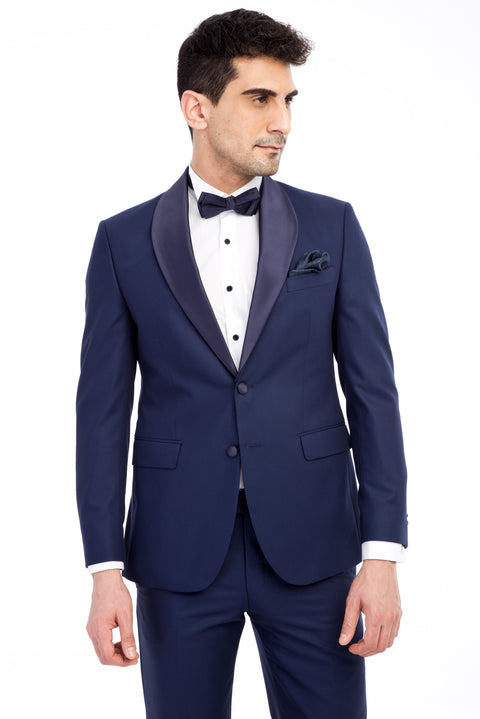 Navy Blue 7 Drop Slim Fit Narrow Cut Shawl Collar Tuxedo & Groom Suit