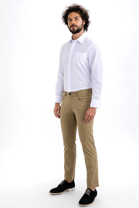 Light Brown - Camel Slim Fit Stretch Canvas / Chino Trousers