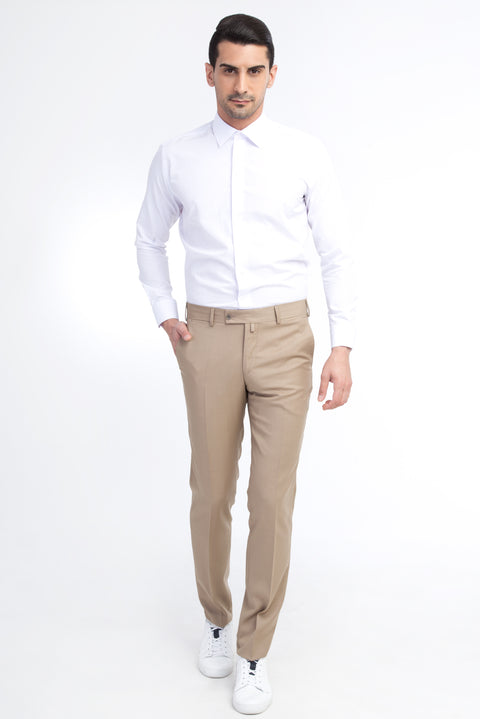 Bej 7 Drop Slim Fit Dar Kesim Yünlü Klasik Kumaş Pantolon