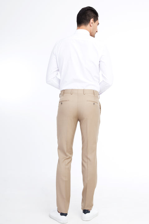 Bej 7 Drop Slim Fit Dar Kesim Yünlü Klasik Kumaş Pantolon