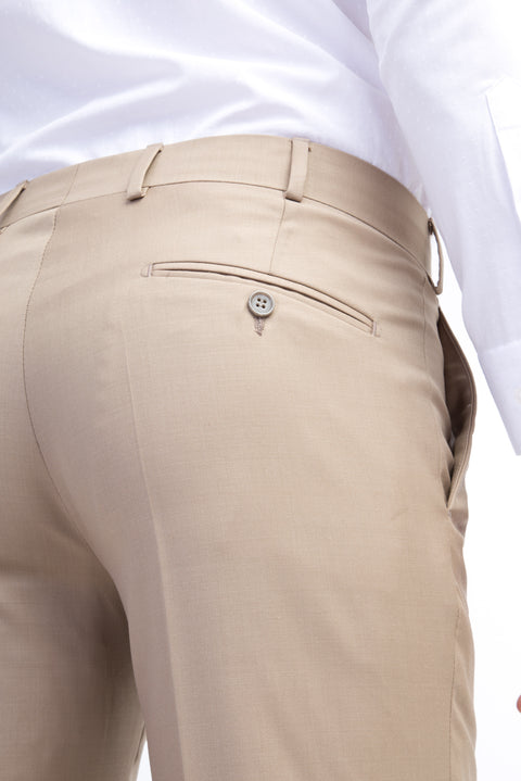 Bej 7 Drop Slim Fit Dar Kesim Yünlü Klasik Kumaş Pantolon