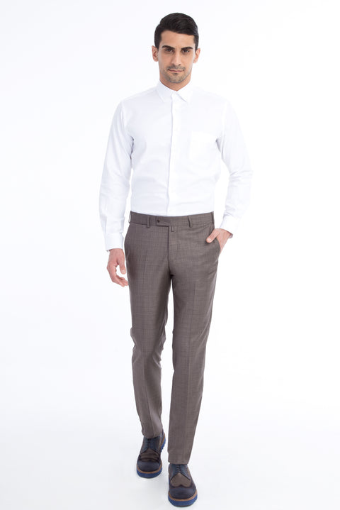 Coffee 7 Drop Slim Fit Narrow Cut Plaid Classic Fabric Trousers