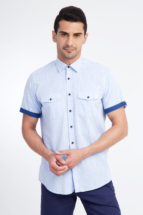 Light Blue Short-Sleeve Cotton Sport Shirt