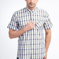Yellow Short-Sleeve Regular Fit Plaid Cotton Shirt