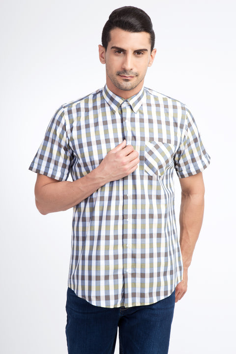 Yellow Short-Sleeve Regular Fit Plaid Cotton Shirt
