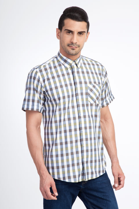 Yellow Short-Sleeve Regular Fit Plaid Cotton Shirt