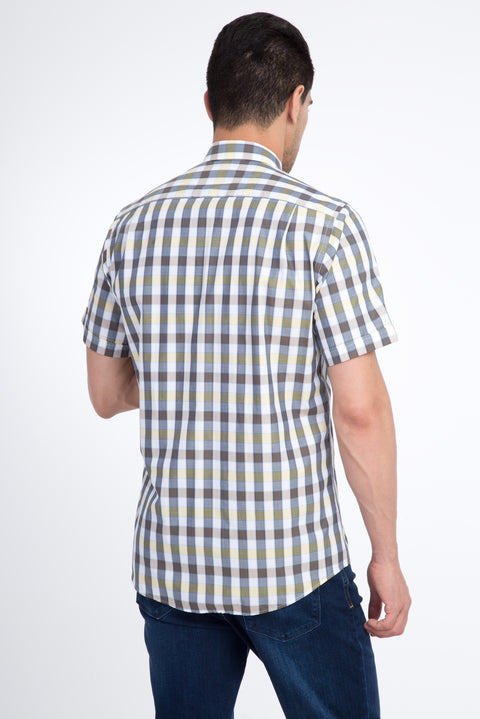 Yellow Short-Sleeve Regular Fit Plaid Cotton Shirt