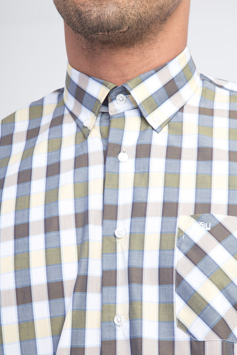 Yellow Short-Sleeve Regular Fit Plaid Cotton Shirt