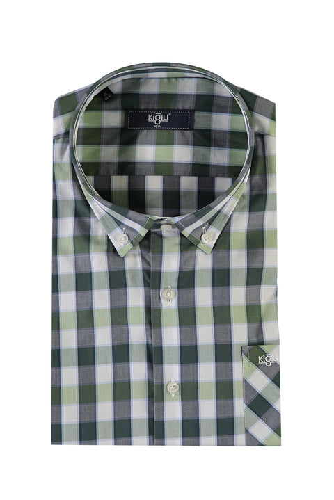 Light Green Short-Sleeve Plaid Sport Cotton Shirt