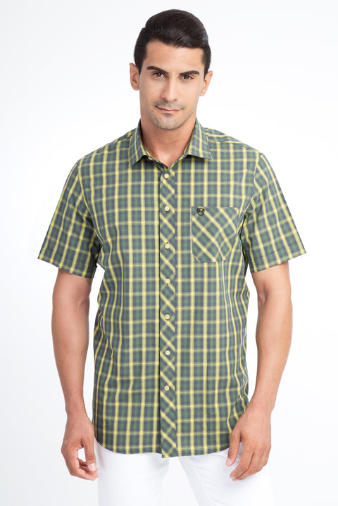 Light Green Short-Sleeve Plaid Classic Cotton Shirt