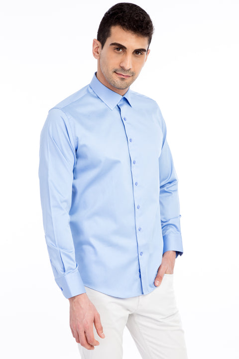 Blue Long Sleeve Satin Slim Fit Narrow Cut Cotton Shirt
