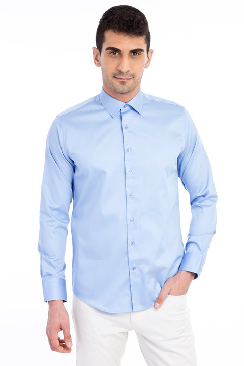 Blue Long Sleeve Satin Slim Fit Narrow Cut Cotton Shirt