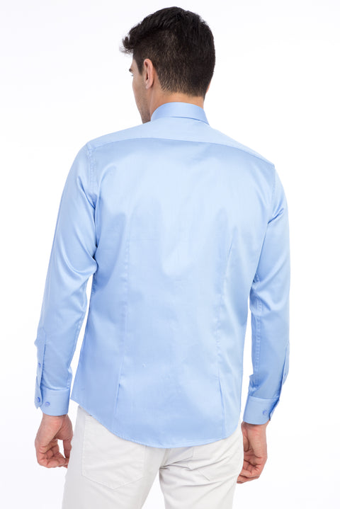 Blue Long Sleeve Satin Slim Fit Narrow Cut Cotton Shirt