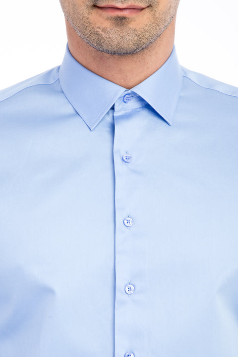 Blue Long Sleeve Satin Slim Fit Narrow Cut Cotton Shirt