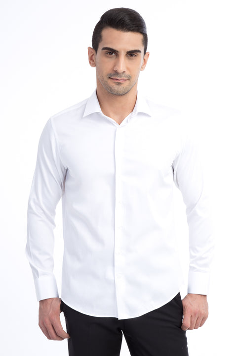 White Long Sleeve Satin Slim Fit Narrow Cut Cotton Shirt