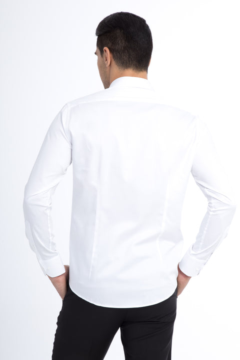 White Long Sleeve Satin Slim Fit Narrow Cut Cotton Shirt