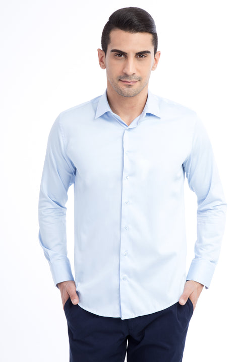 Light Blue Long Sleeve Satin Slim Fit Narrow Cut Cotton Shirt