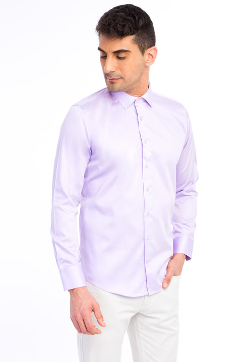 Lilac Long Sleeve Slim Fit Narrow Cut Satin Cotton Shirt