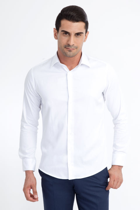 White Long Sleeve Satin Slim Fit Narrow Cut Cotton Shirt