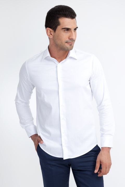 White Long Sleeve Satin Slim Fit Narrow Cut Cotton Shirt
