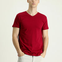 Bordo V Yaka Regular Fit Süprem Pamuk Tişört