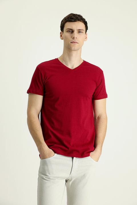 Bordo V Yaka Regular Fit Süprem Pamuk Tişört
