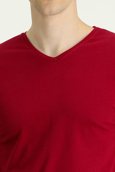Bordo V Yaka Regular Fit Süprem Pamuk Tişört