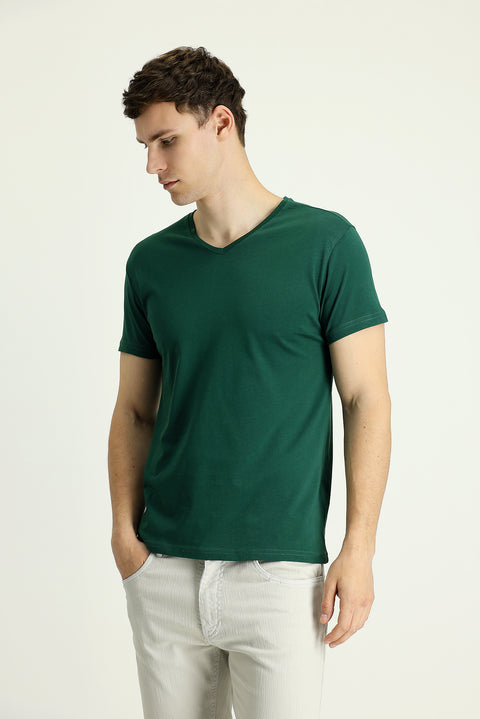 Dark Green V-Neck Regular Fit Supreme Cotton T-Shirt