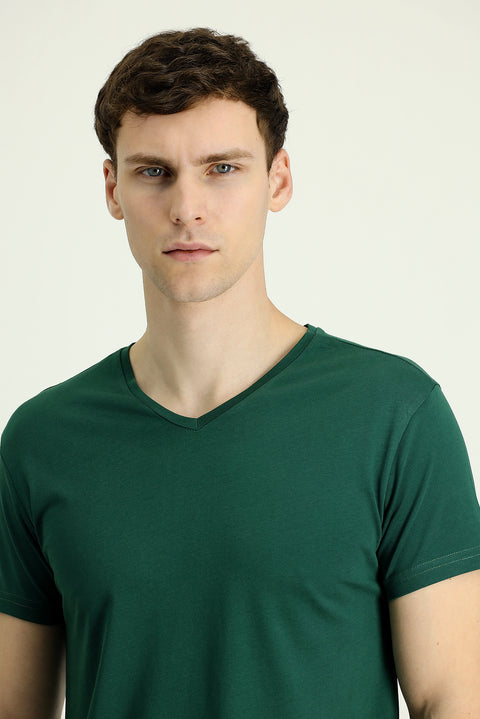 Dark Green V-Neck Regular Fit Supreme Cotton T-Shirt