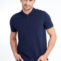 Navy Blue Polo Collar Regular Fit Cotton T-shirt