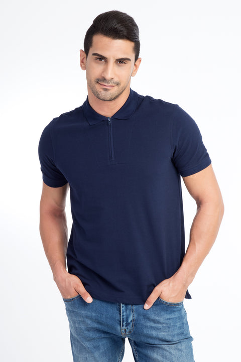 Navy Blue Polo Collar Regular Fit Cotton T-shirt