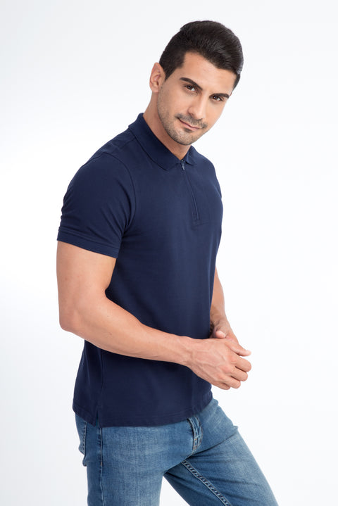 Navy Blue Polo Collar Regular Fit Cotton T-shirt