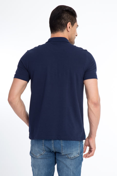 Navy Blue Polo Collar Regular Fit Cotton T-shirt