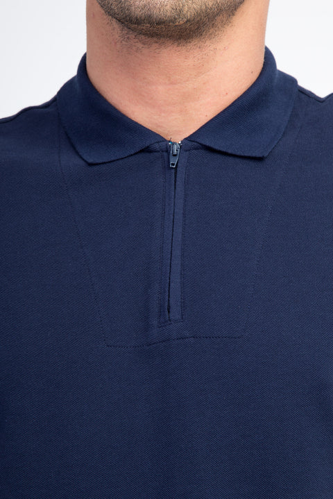Navy Blue Polo Collar Regular Fit Cotton T-shirt