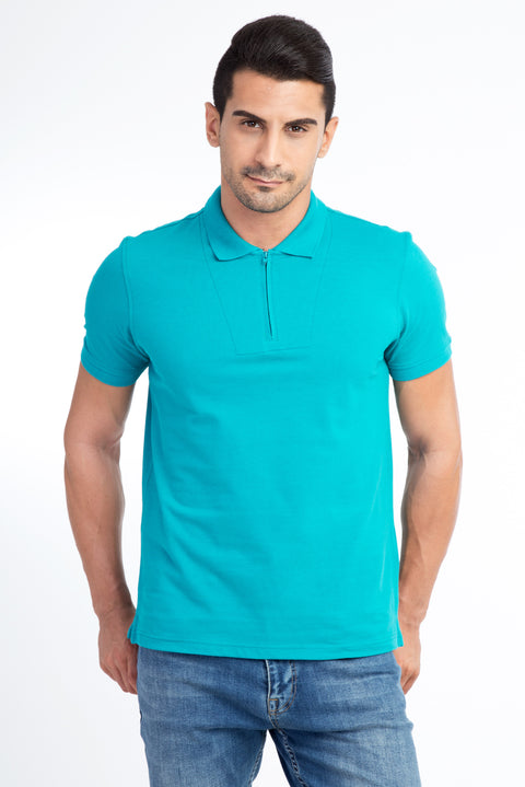 Light Green Polo Collar Regular Fit Cotton T-Shirt