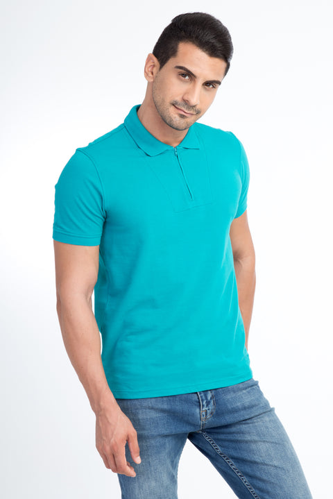 Light Green Polo Collar Regular Fit Cotton T-Shirt